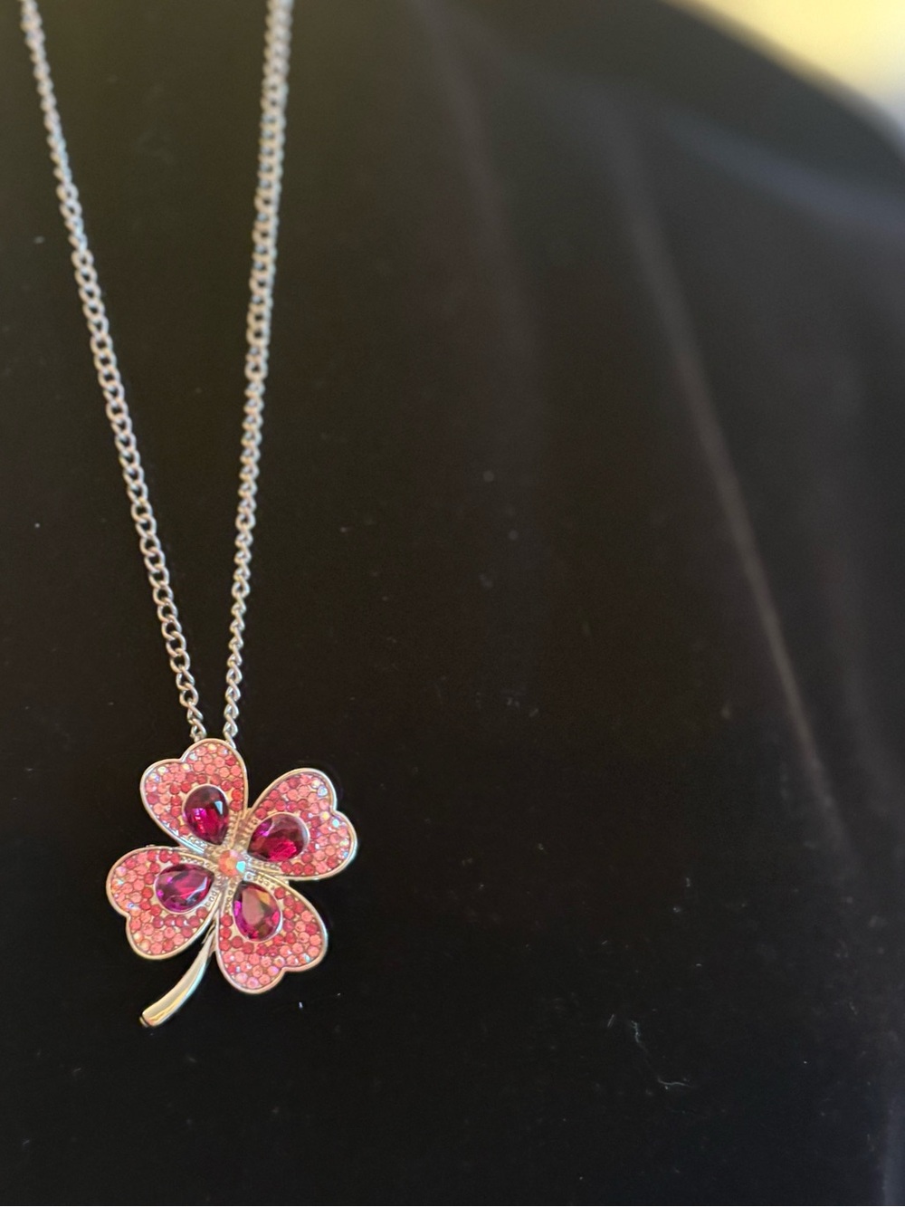 Pink Clover Pendant Necklace with Crystal Accents - Women Jewelry